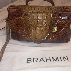 Vintage Brahmin Toasted Melbourne Pecan Croc-Embossed Leather Satchel COA